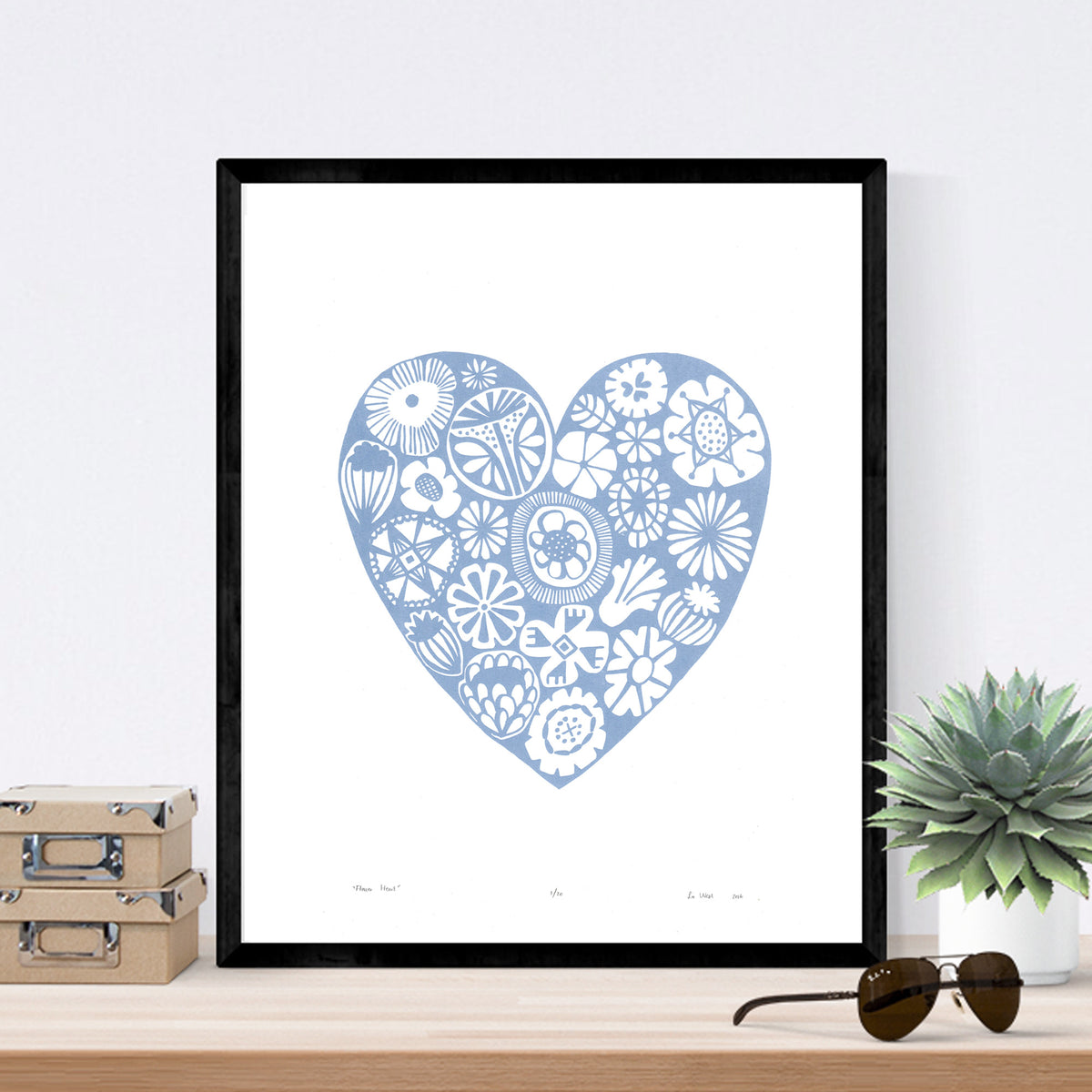 Botanical heart shaped print in pretty pastel serenity blue in a simple Scandinavian style. Inspired by the indigenous Fynbos flowers of South Africa.