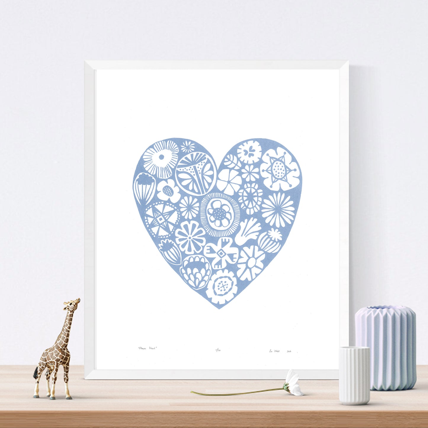 Botanical heart shaped print in pretty pastel serenity blue in a simple Scandinavian style. Inspired by the indigenous Fynbos flowers of South Africa.