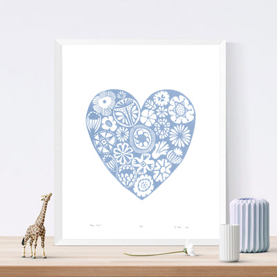 Botanical heart shaped print in pretty pastel serenity blue in a simple Scandinavian style. Inspired by the indigenous Fynbos flowers of South Africa.