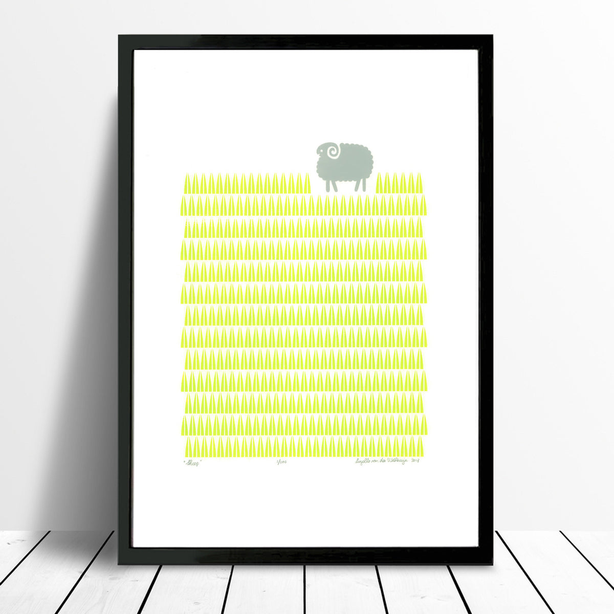 Scandinavian style graphic landscape print of a little sheep in a bright green grass meadow. A modern and playful addition to a well-designed baby nursery.