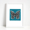 Botanical butterfly print with contemporary slate teal and black details. The strong blue-green hue of this silkscreen print will restore balance in your home.