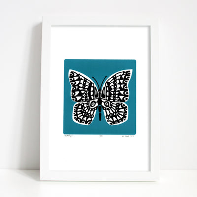 Botanical butterfly print with contemporary slate teal and black details. The strong blue-green hue of this silkscreen print will restore balance in your home.