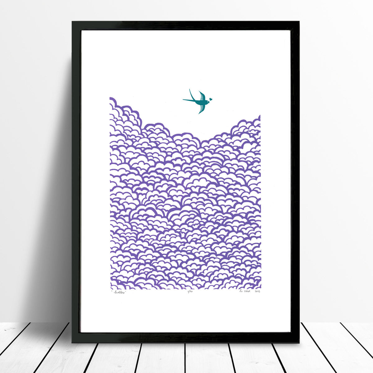 Graphic Scandinavian Style fine art print of a little bird flying high above the clouds. The jewel tones of amethyst will bring Nordic charm to your interiors.
