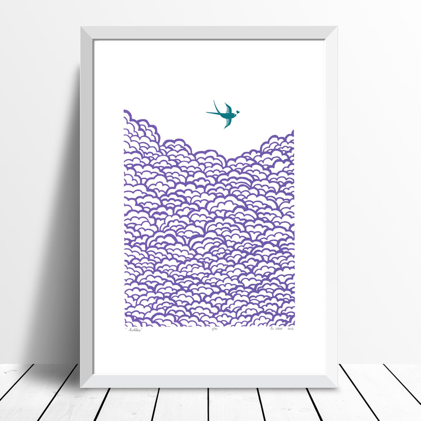 Graphic Scandinavian Style fine art print of a little bird flying high above the clouds. The jewel tones of amethyst will bring Nordic charm to your interiors.