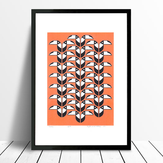 Graphic illustrated tropical rain forest animal print. A fun Scandinavian style bird pattern wall decor for a colourful and trendy kids rooms or modern space.