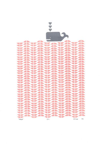 Nautical Scandinavian graphic print of a grey whale in an ocean of pastel pink rose blush waves.