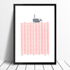 Nautical Scandinavian graphic print of a grey whale in an ocean of pastel pink rose blush waves.