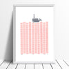 Nautical Scandinavian graphic print of a grey whale in an ocean of pastel pink rose blush waves.