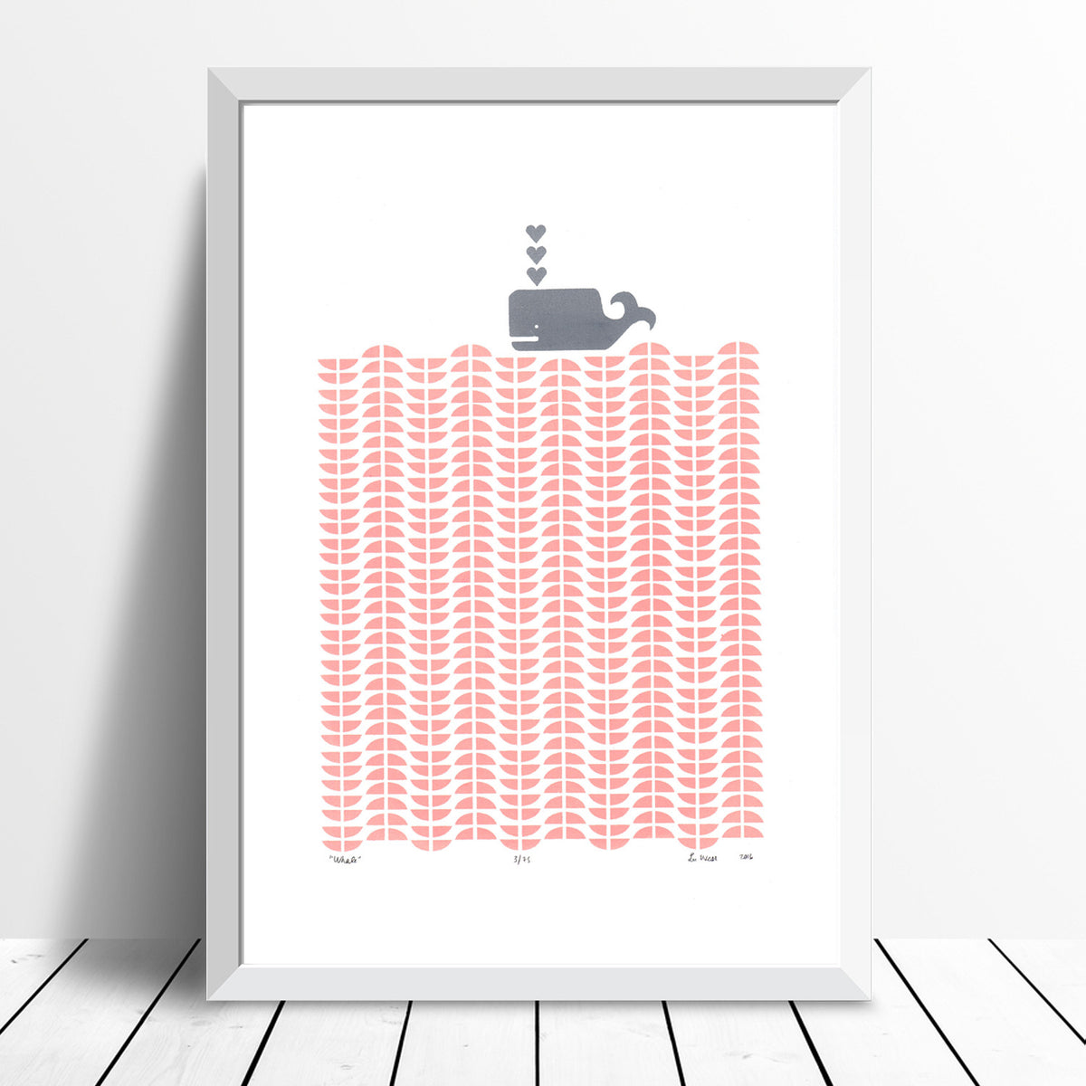Nautical Scandinavian graphic print of a grey whale in an ocean of pastel pink rose blush waves.