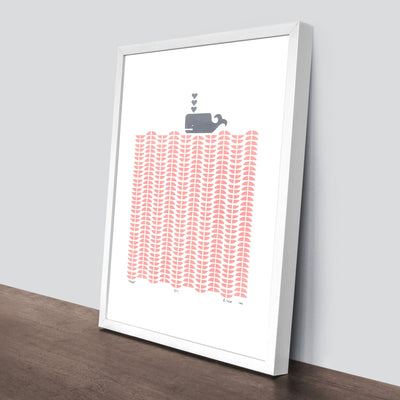 Nautical Scandinavian graphic print of a grey whale in an ocean of pastel pink rose blush waves.