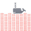 Nautical Scandinavian graphic print of a grey whale in an ocean of pastel pink rose blush waves.