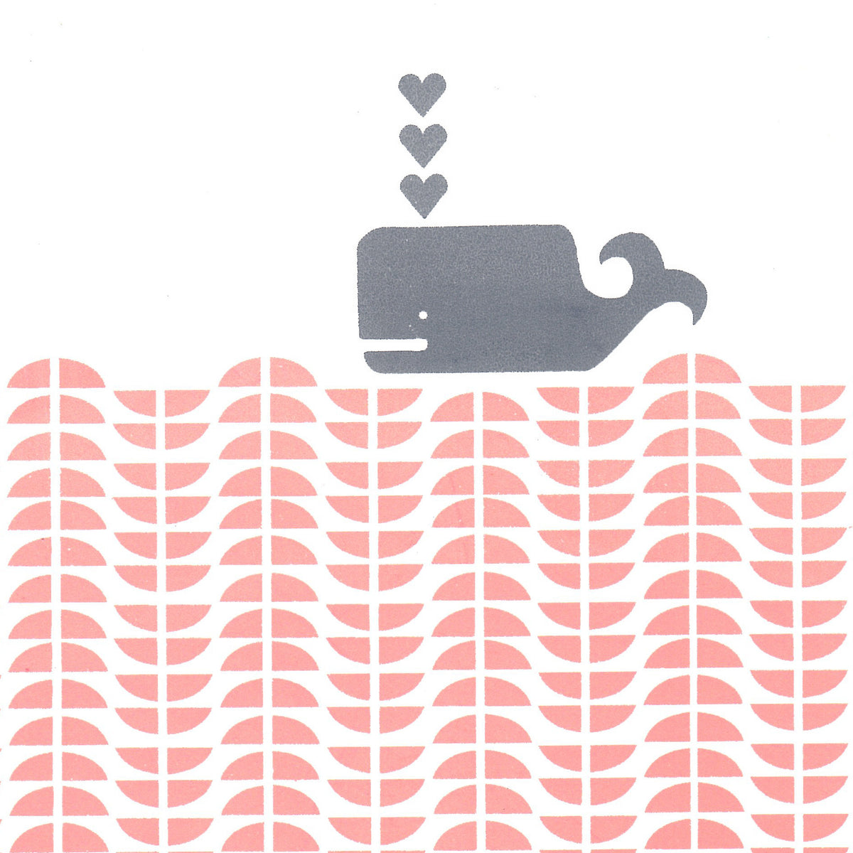 Nautical Scandinavian graphic print of a grey whale in an ocean of pastel pink rose blush waves.