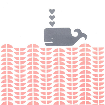 Nautical Scandinavian graphic print of a grey whale in an ocean of pastel pink rose blush waves.