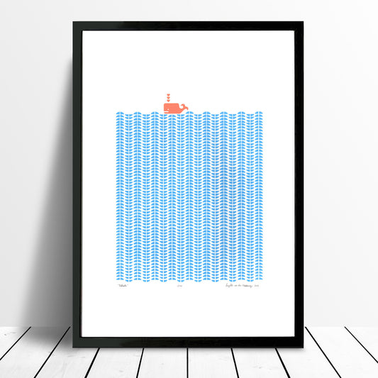 Nautical Scandinavian style print of a coral coloured whale in a graphic sea of cerulean blue waves.