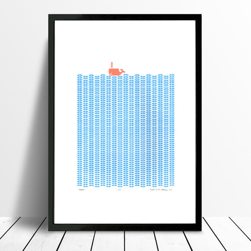Nautical Scandinavian style print of a coral coloured whale in a graphic sea of cerulean blue waves.