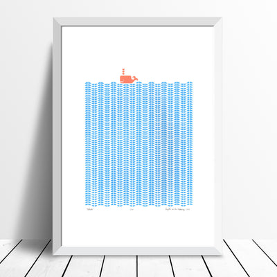 Nautical Scandinavian style print of a coral coloured whale in a graphic sea of cerulean blue waves.