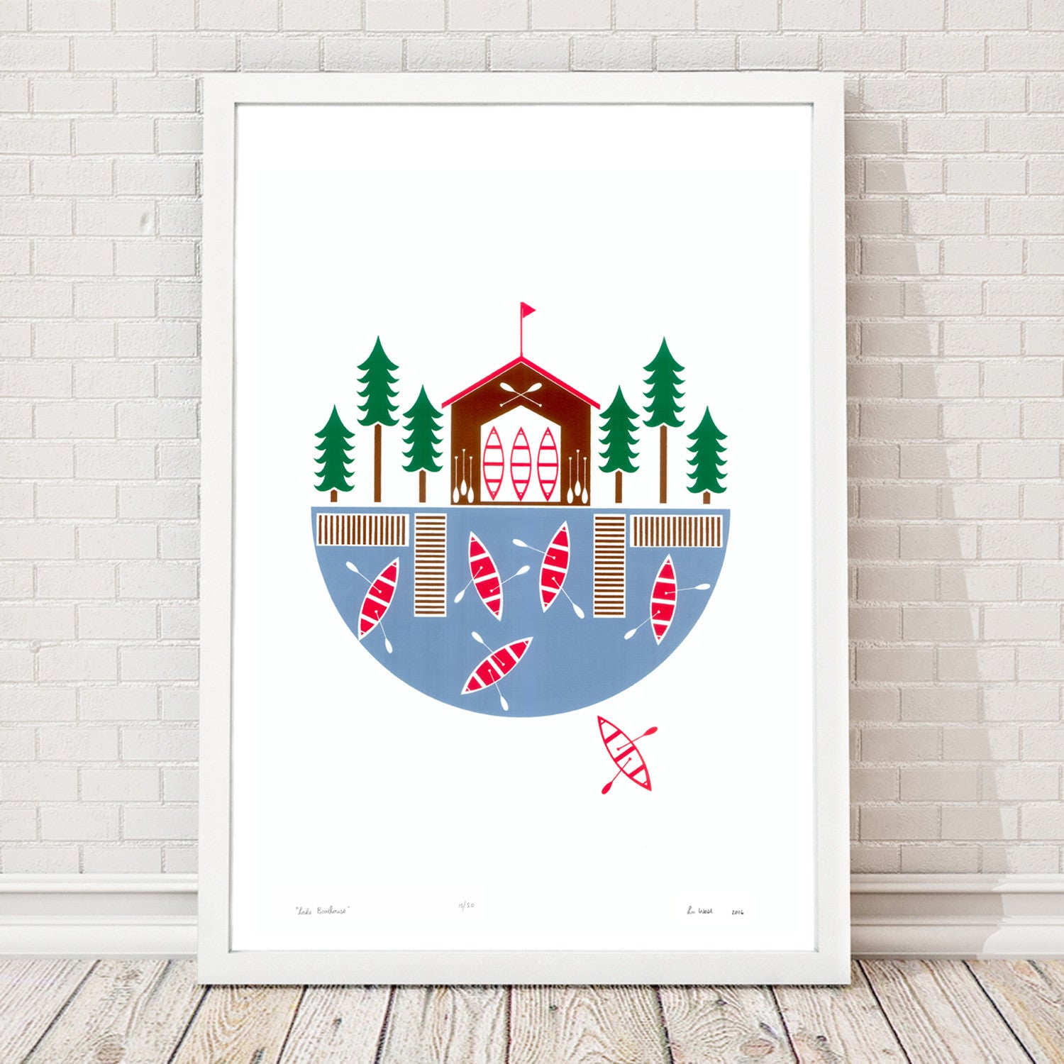 Explore the great outdoors with this charming lakeside inspired print. This graphic Scandinavian style print will remind you of beautiful Summers at the lake.