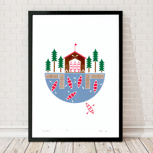 Explore the great outdoors with this charming lakeside inspired print. This graphic Scandinavian style print will remind you of beautiful Summers at the lake.