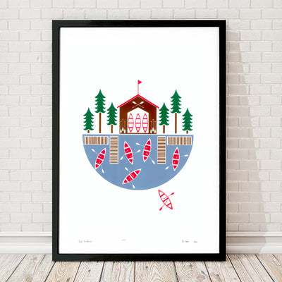 Explore the great outdoors with this charming lakeside inspired print. This graphic Scandinavian style print will remind you of beautiful Summers at the lake.