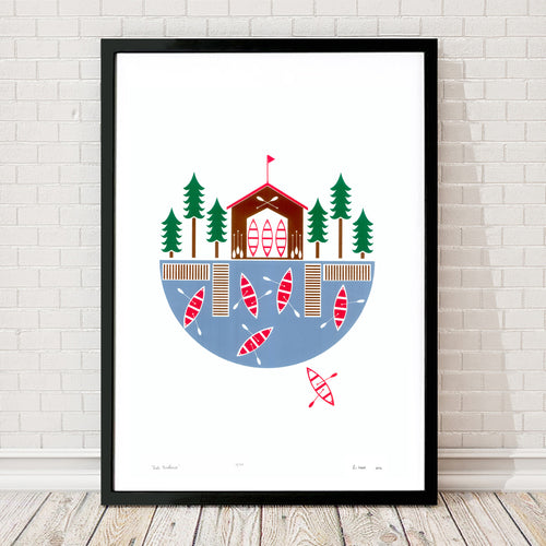 Explore the great outdoors with this charming lakeside inspired print. This graphic Scandinavian style print will remind you of beautiful Summers at the lake.