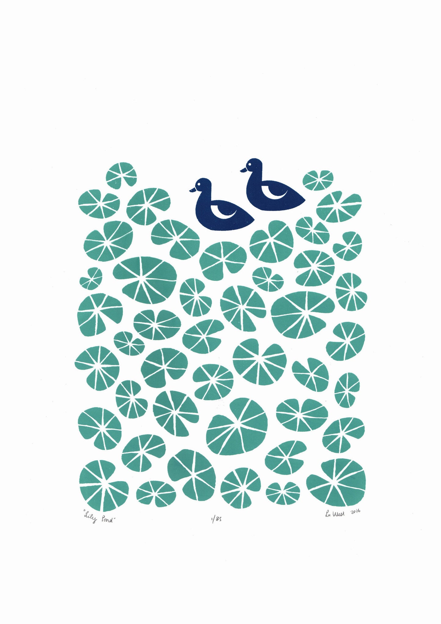 Delightful print of midnight blue ducks in a pond of green floating water lilies. The simple botanical patterns will bring a sense of calm to your home.