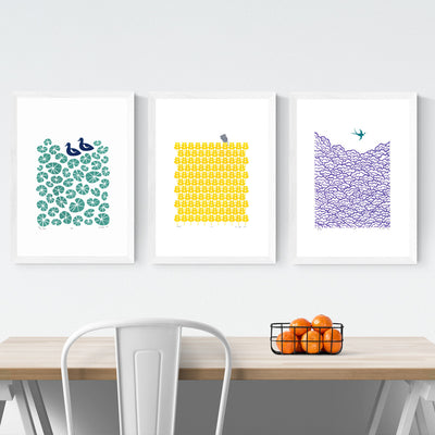 Buy 2 Get 1 Free Special Offer on Limited Edition Screen Prints by Lu West. Lily Pond, Mouse and Swallow prints in White Frames.