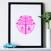 Quirky and bright limited edition wall art with a pair of nerdy little retro style robots in love in neon pink. A witty and charming gift with a romantic twist.