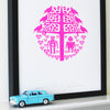 Quirky and bright limited edition wall art with a pair of nerdy little retro style robots in love in neon pink. A witty and charming gift with a romantic twist.