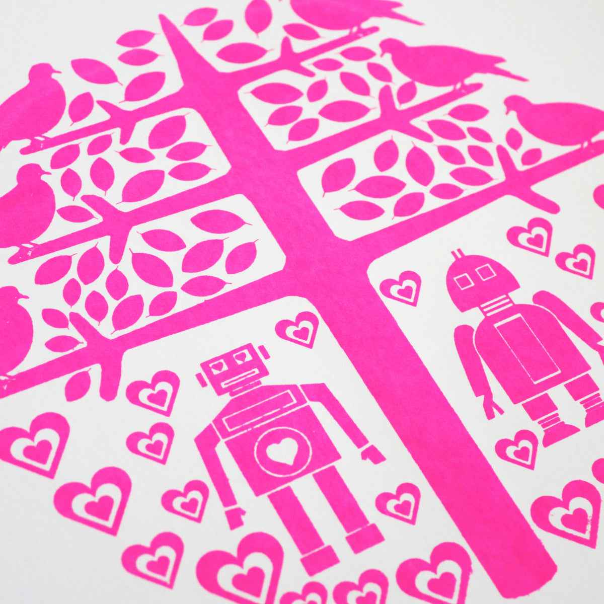 Quirky and bright limited edition wall art with a pair of nerdy little retro style robots in love in neon pink. A witty and charming gift with a romantic twist.